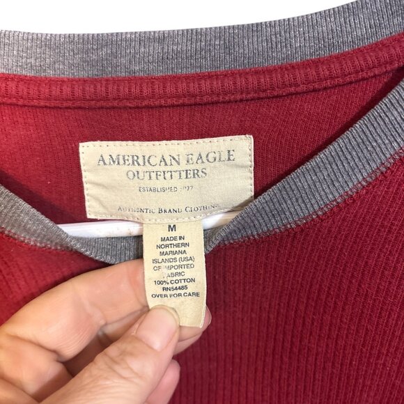 American Eagle Outfitters Y2K Red Waffle Knit Long Sleeve Shirt With "Eagle 26" - Picture 3 of 4